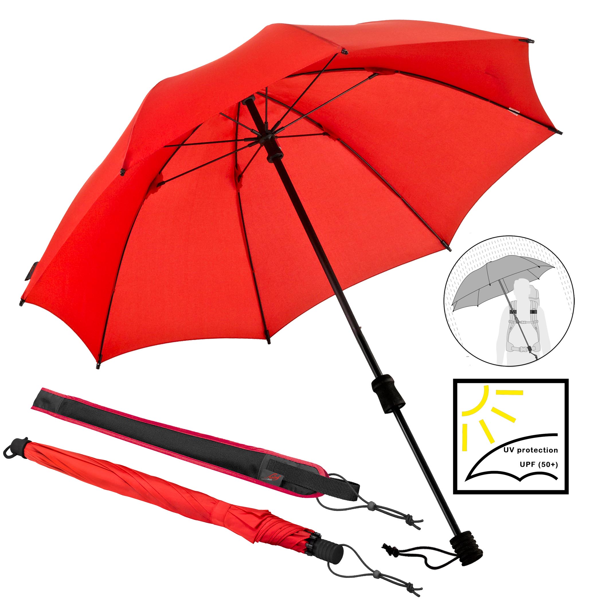 Trekking umbrella Swing handsfree ultra, red, stick umbrella, handsfree, UV protection 50+
