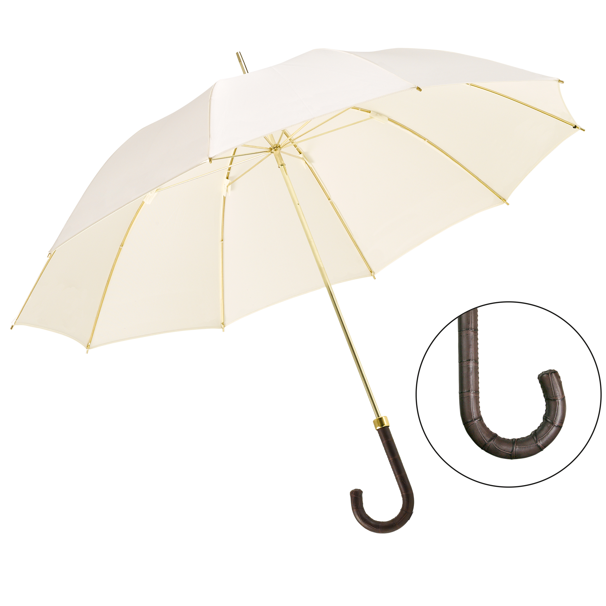 Luxury umbrella Brillant DM19, crocodile leather handle dark brown, silk cream