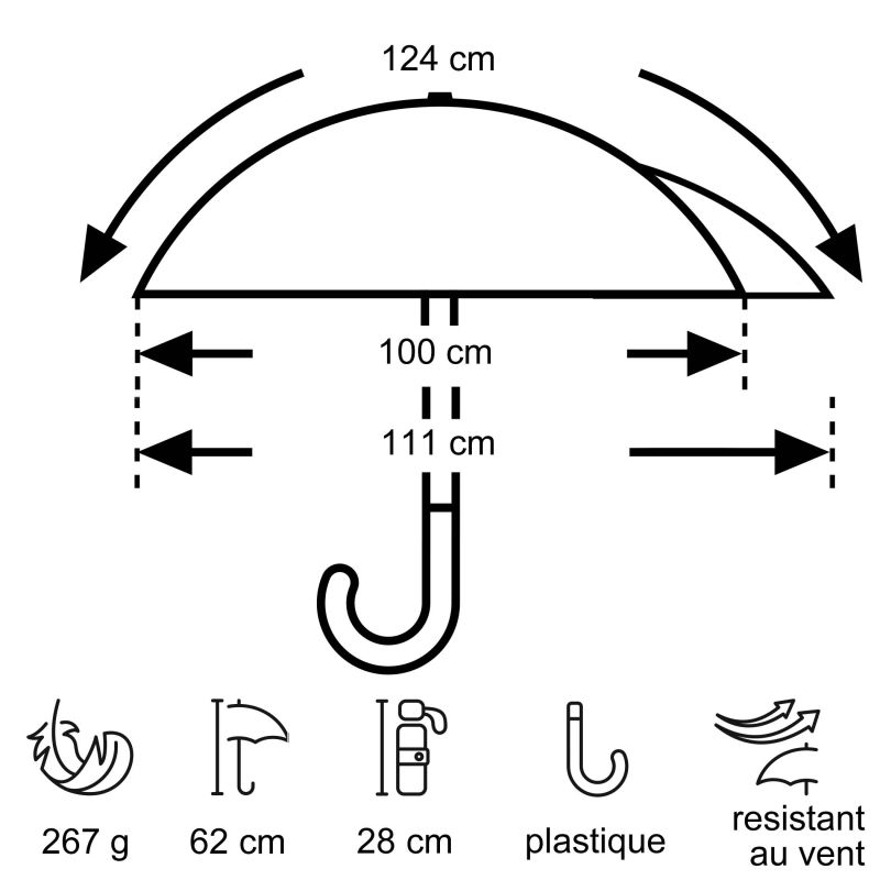 Le parapluie de poche innovant avec toile prolongée vers l'arrière, argent, protection UV 50+,  8 segments, résistant au vent