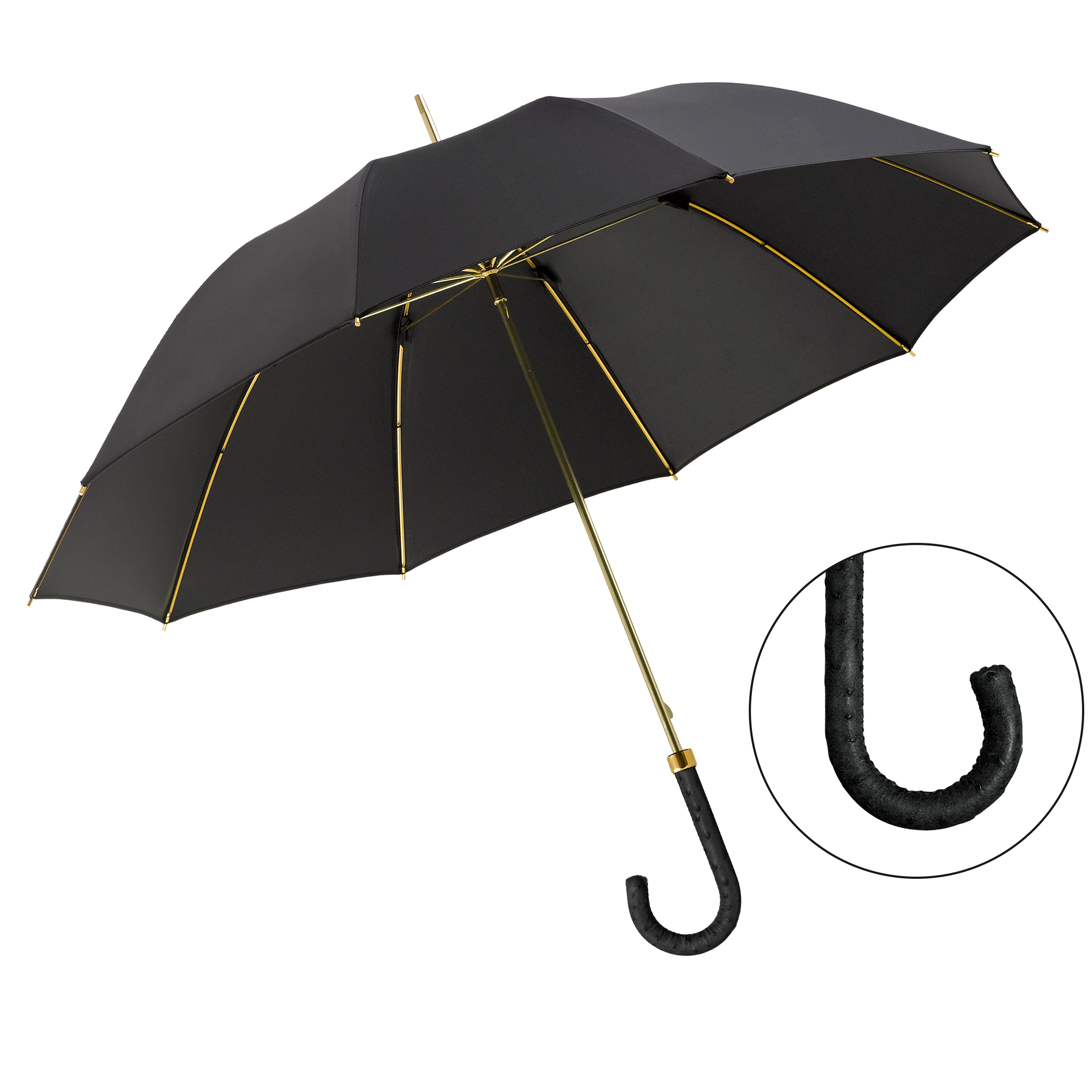 Luxus-Regenschirm Brillant DM18, Straußenledergriff schwarz, Seide schwarz
