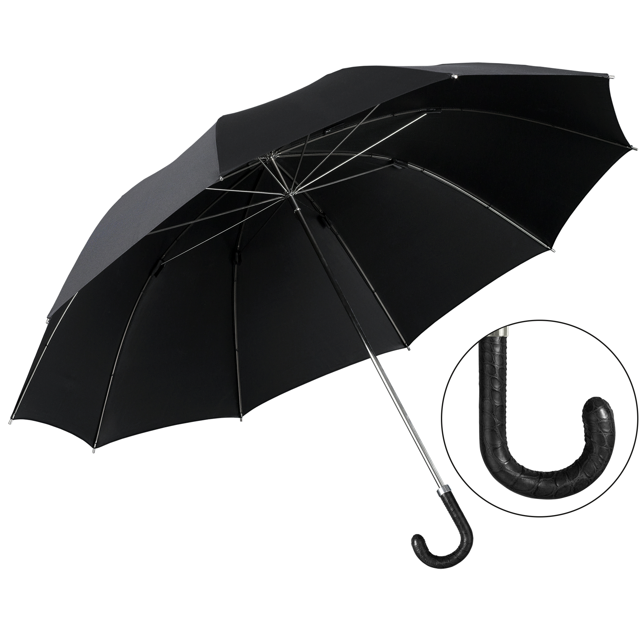 Luxus-Regenschirm Brillant HM54, Krokoledergriff schwarz, Edelpolyester schwarz