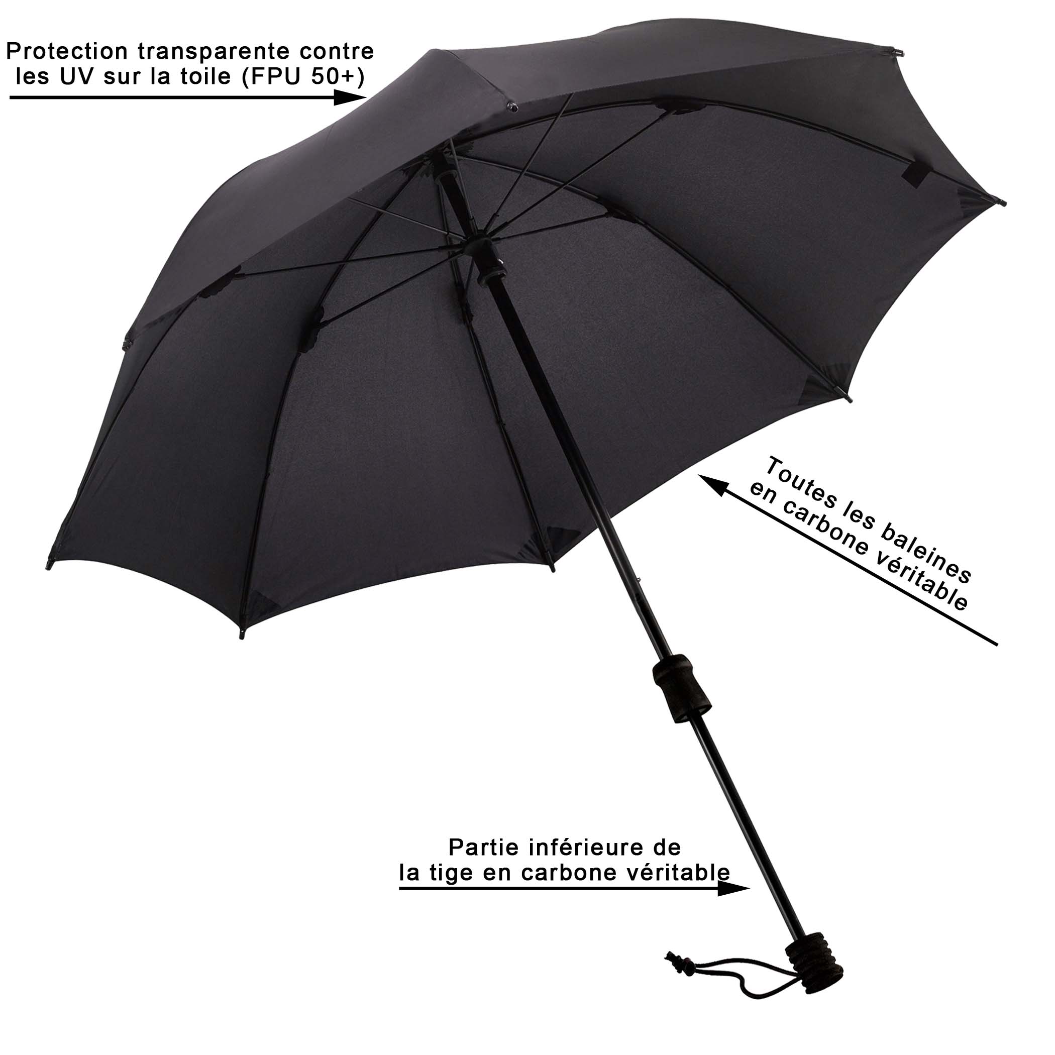 Parapluie de trekking Swing handsfree ultra, noir, parapluie canne,  mains libres, protection UV 50+