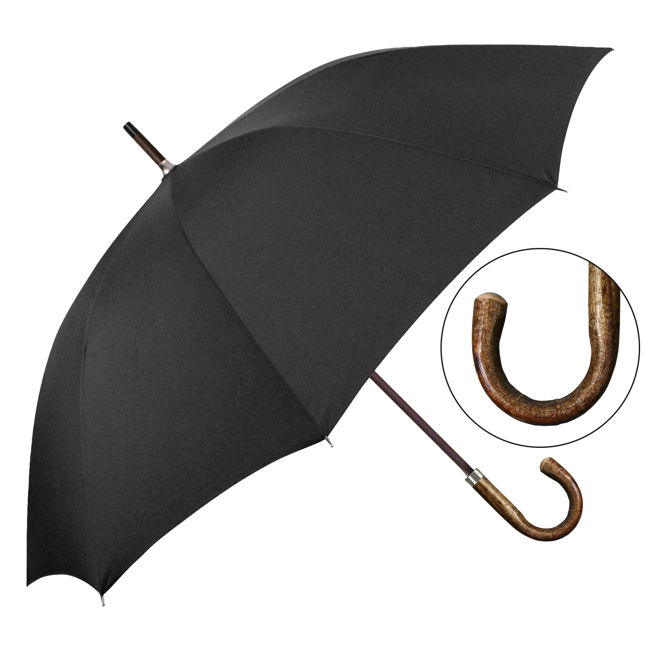 City-Regenschirm W1U3, schwarz, Stockschirm, Holzgriff aus Silberhasel