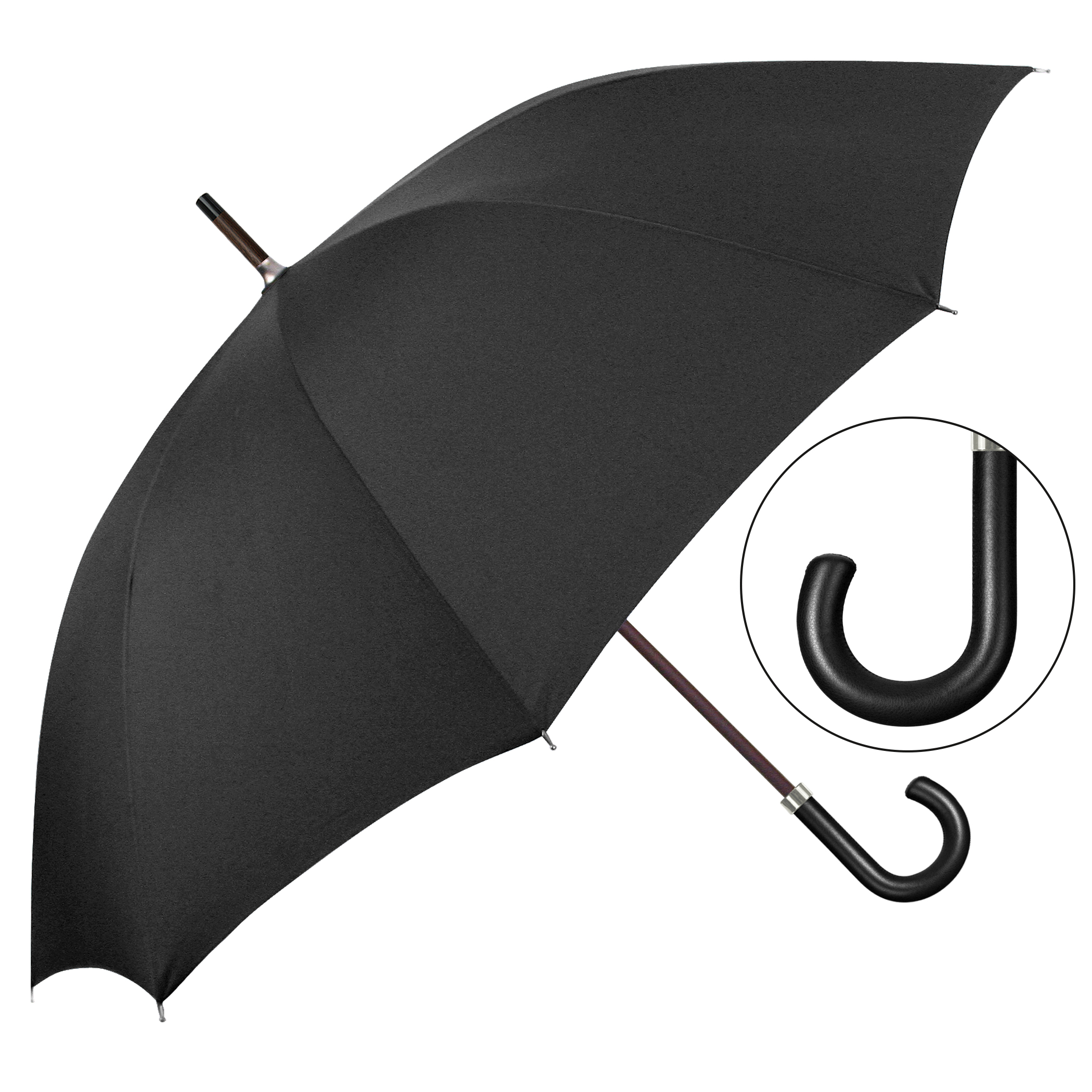 Parapluie de ville W1U3, poignée en cuir de bœuf noir