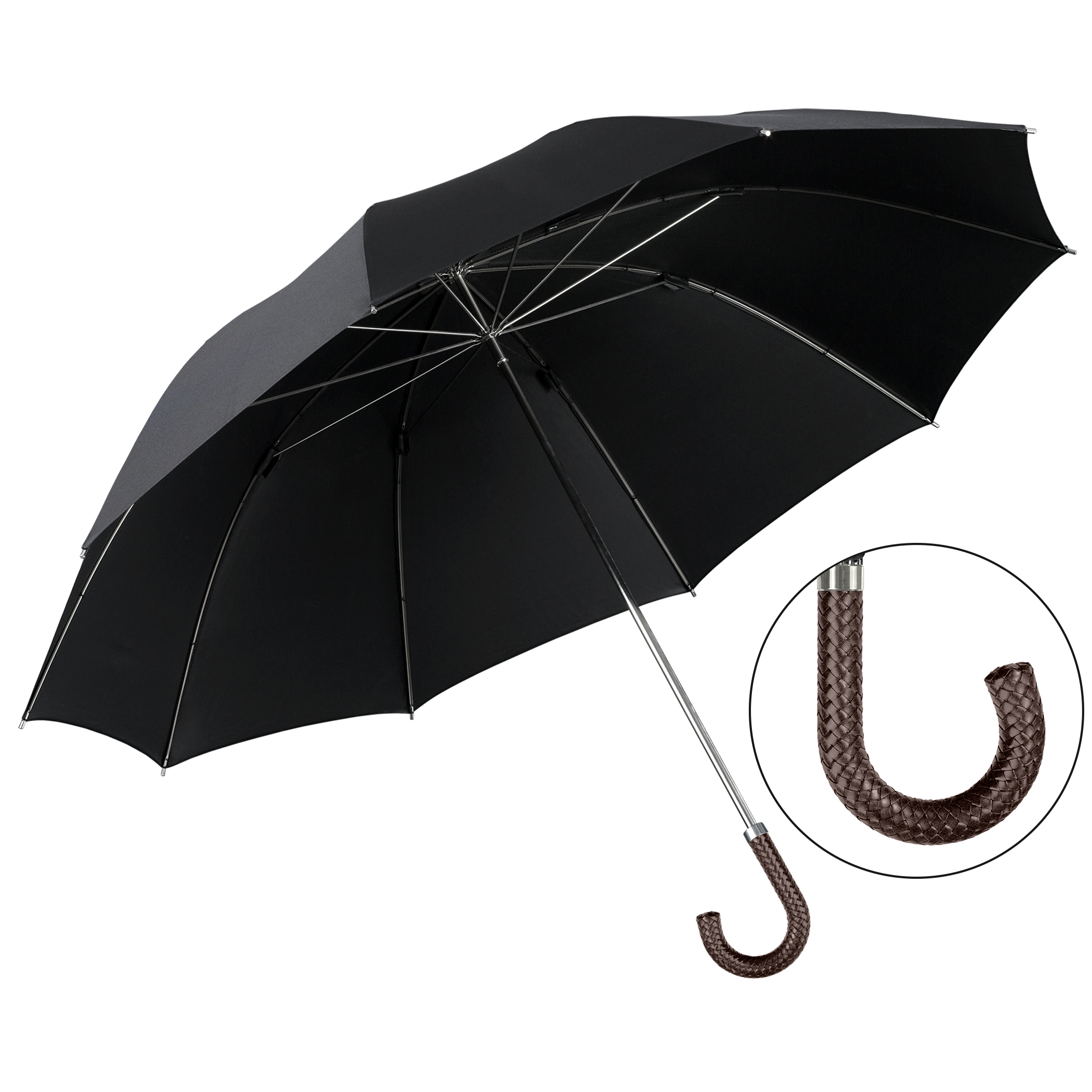 Luxus-Regenschirm Brillant HM58, Rind-Flechtledergriff dunkelbraun, Edelpolyester schwarz