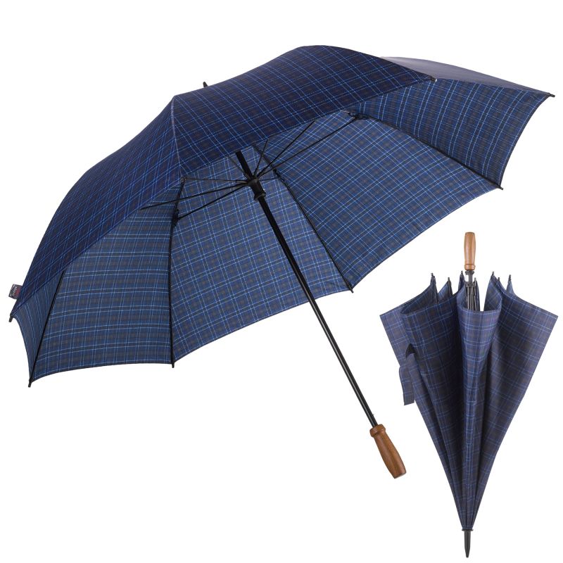 Golf-Regenschirm birdiepal classic, blau, kariert, Griff aus Walnussholz, XXL-Größe Golf-Regenschirm birdiepal classic, blau, kariert, Griff aus Walnussholz, XXL-Größe