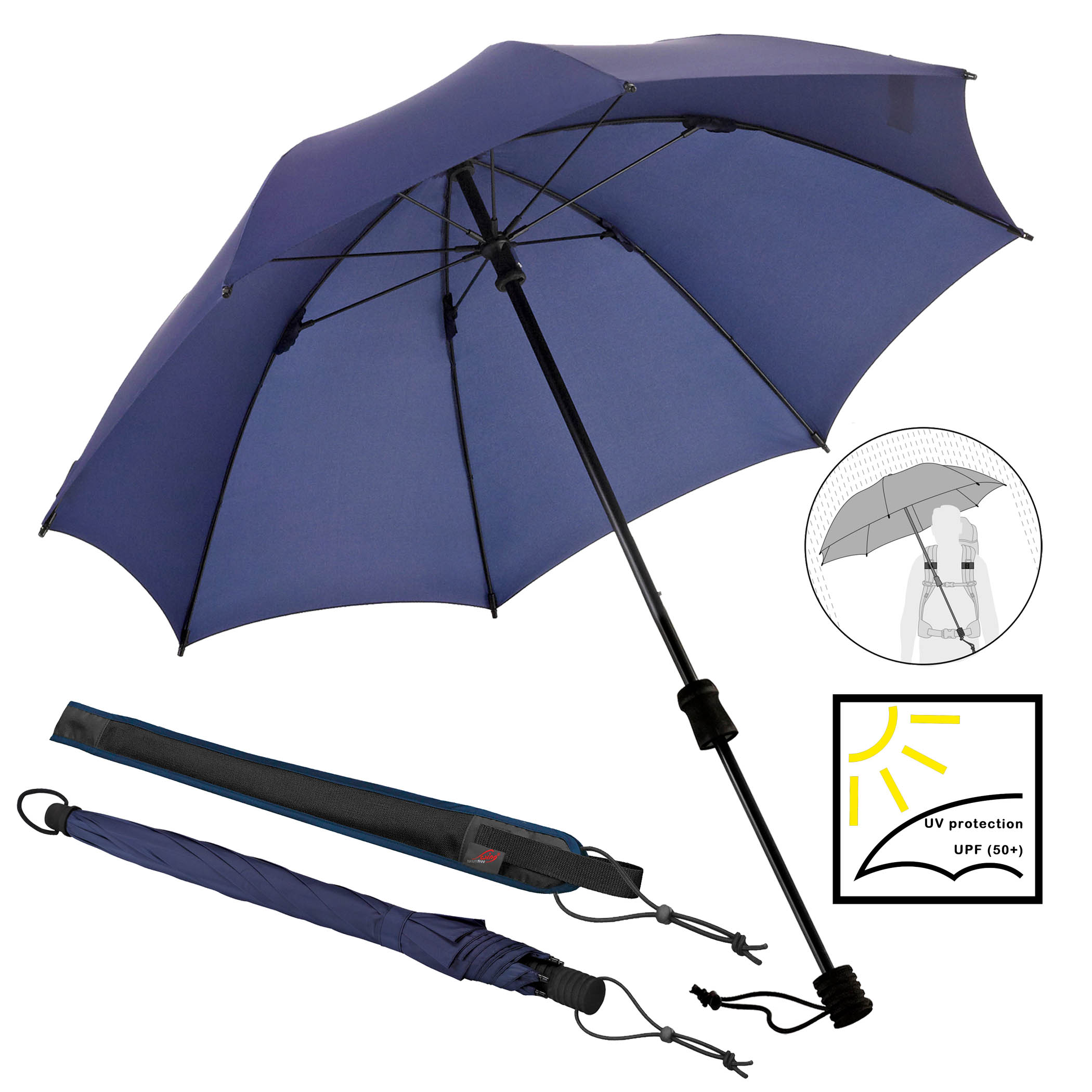 Trekking umbrella Swing handsfree ultra, navy blue, stick umbrella, handsfree, UV protection UPF 50+