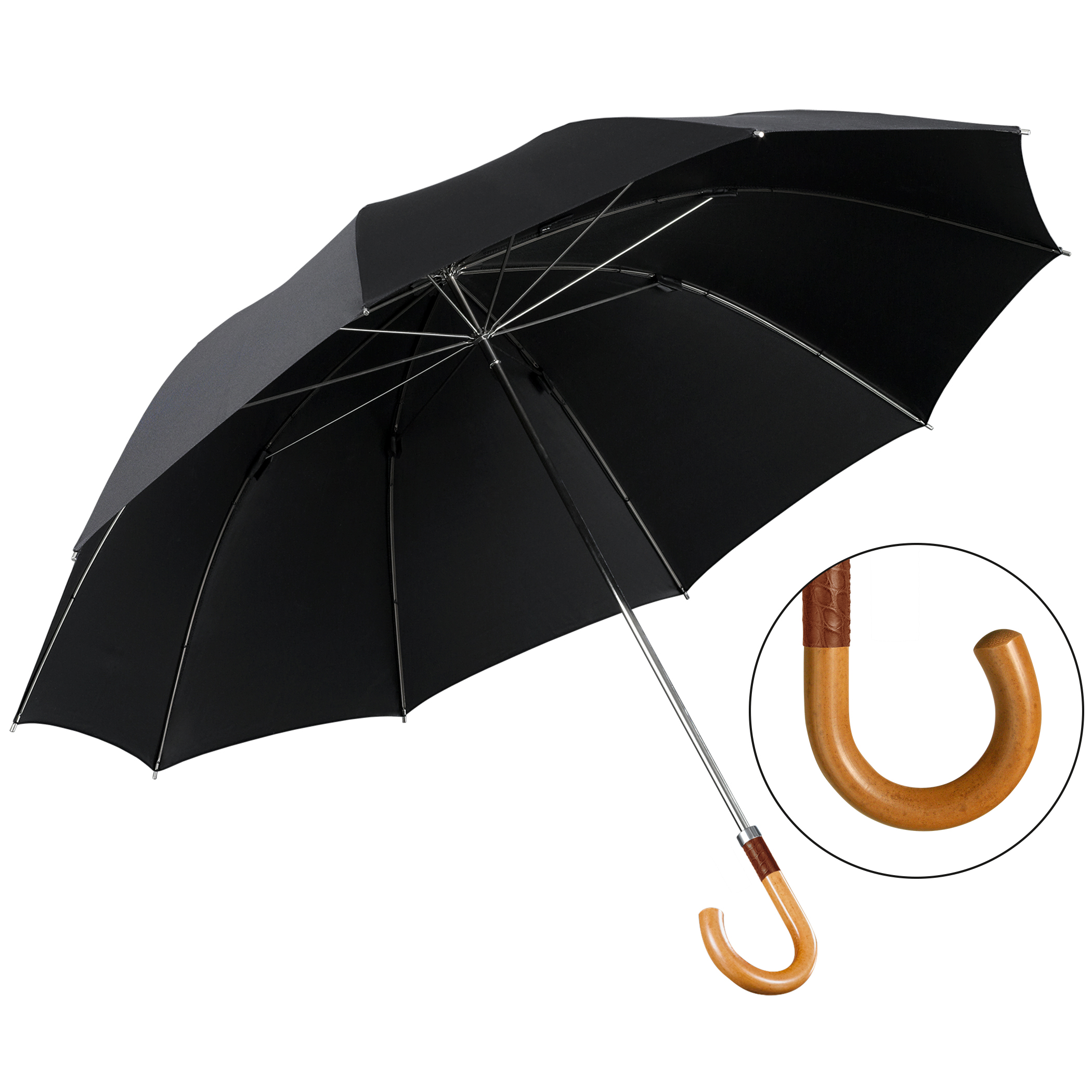 Luxus-Regenschirm Brillant HM59, Malakkagriff mit Band aus rotbraunem Krokoleder, Edelpolyester schwarz