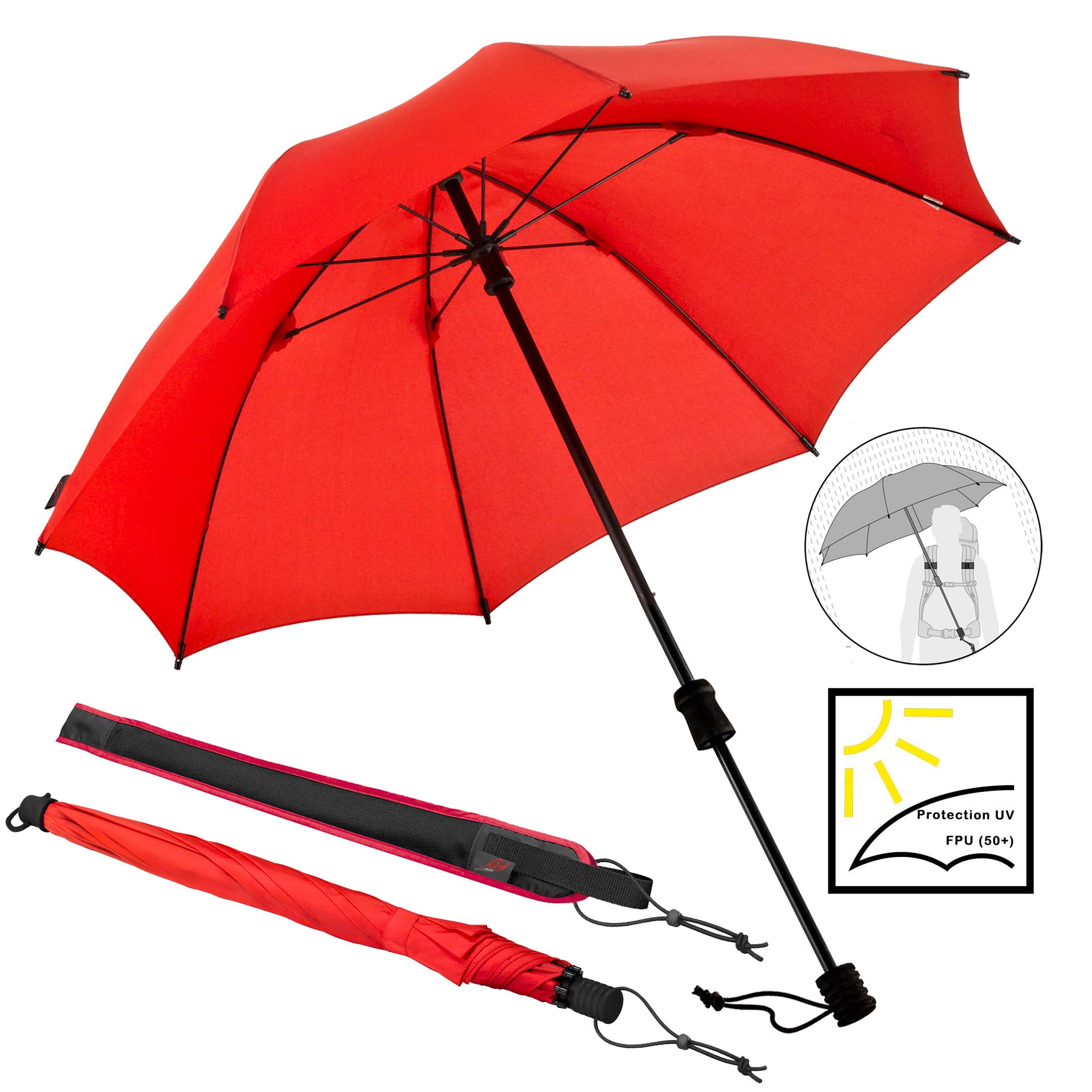Parapluie de trekking Swing handsfree ultra, rouge, parapluie canne, mains libres, protection UV 50+