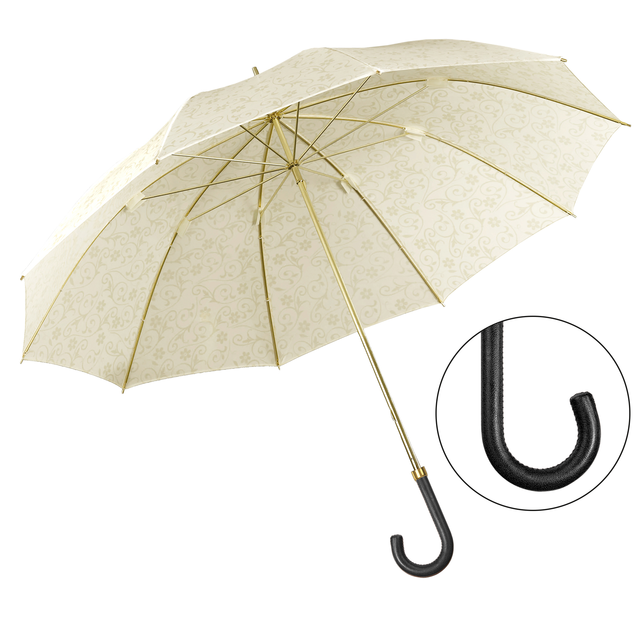 Luxus-Regenschirm Brillant DM16, Ziegenledergriff schwarz, Edelpolyester creme, Allover-Dessin