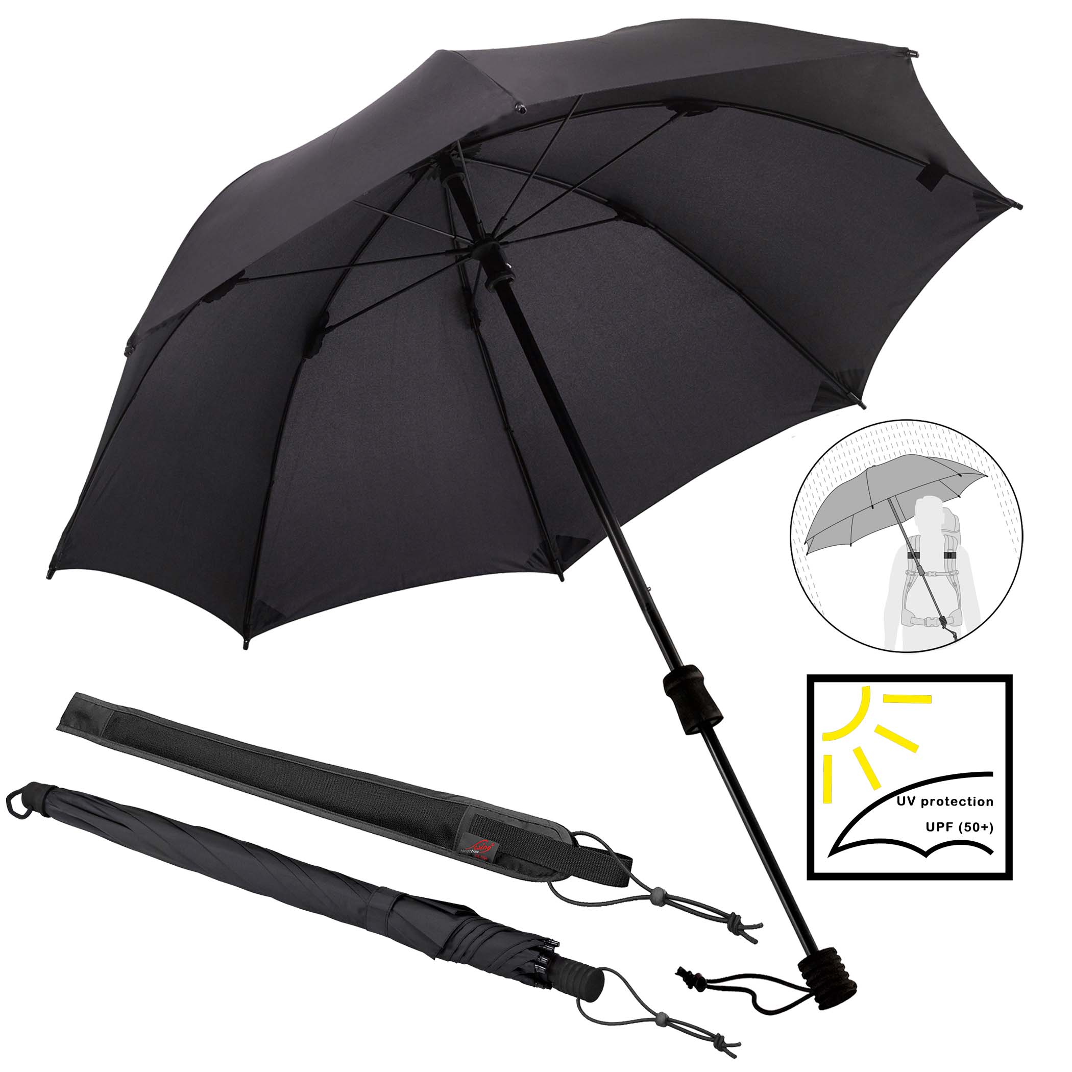 Trekking umbrella Swing handsfree ultra, black, stick umbrella, can be carried handsfree, UV-protection 50+ Trekking umbrella Swing handsfree ultra, black, stick umbrella, can be carried handsfree, UV-protection 50+