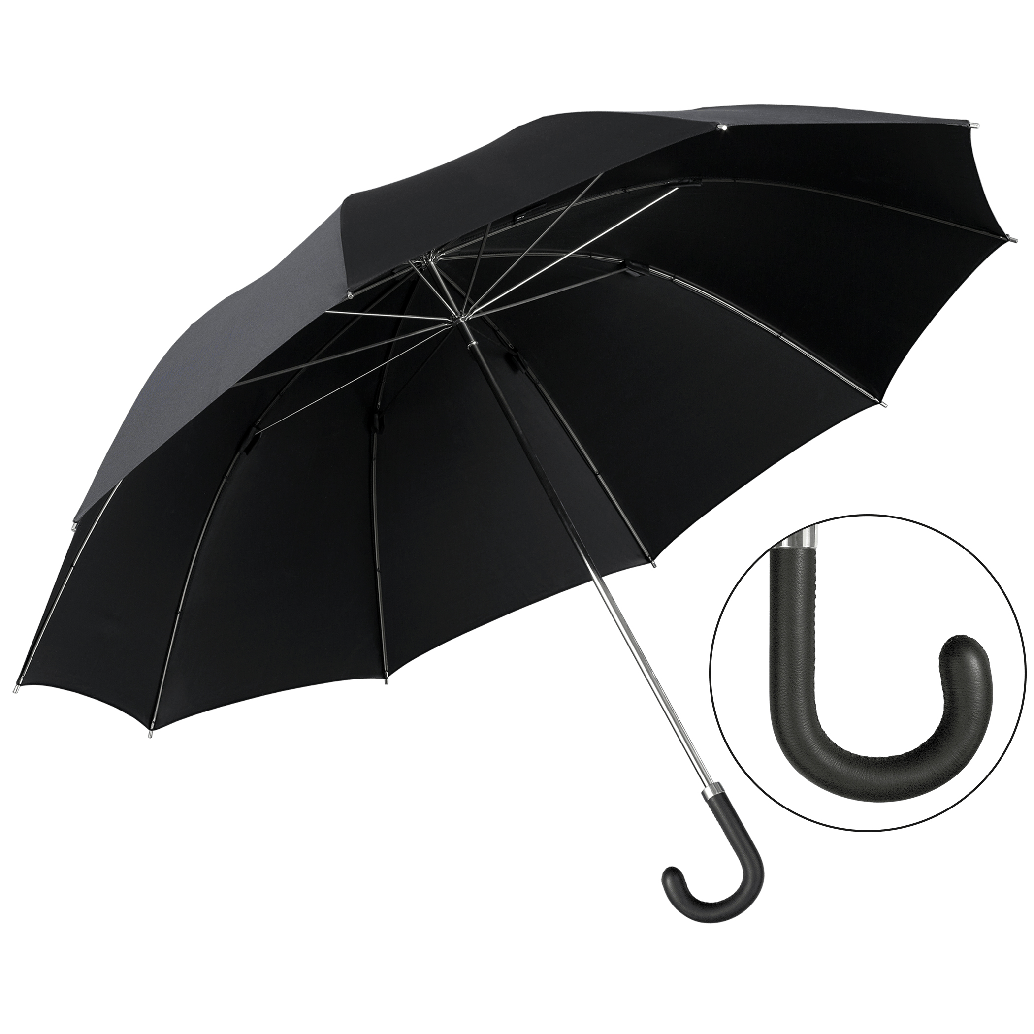 Luxus-Regenschirm Brillant HM56, Elchledergriff schwarz, Edelpolyester schwarz